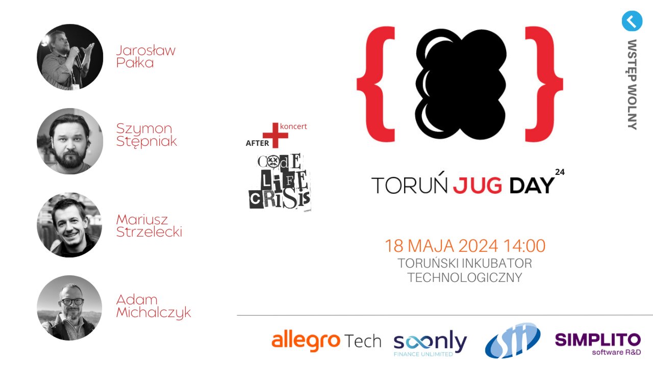 Plakat Toruń JUG Day 2024 z prelegentami wydarzenia